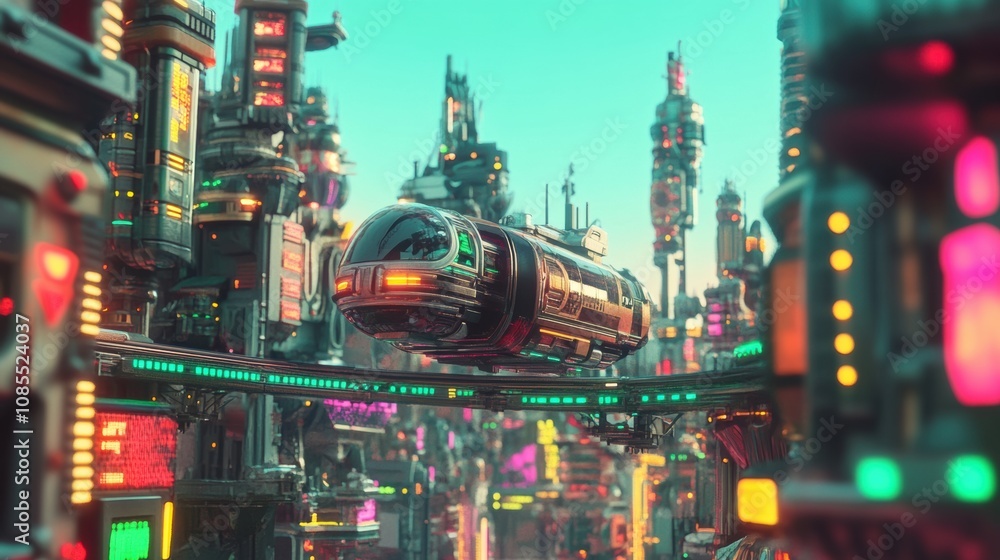 Obraz premium Futuristic Cityscape with High-Tech Transport System and Vibrant Neon Lights Under a Bright Sky, Showcasing an Advanced Urban Environment