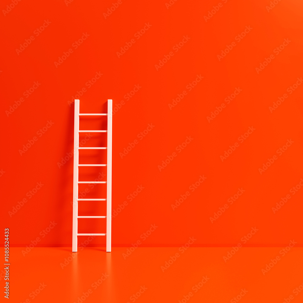 White staircase on red background. Minimalistic motivational background. Staircase symbolizes upward movement. Red wallpaper for motivation. Painter ladder is leaning against wall. 3d image White staircase on red background. Minimalistic motivational background. Staircase symbolizes upward movement. Red wallpaper for motivation. Painter ladder is leaning against wall. 3d image