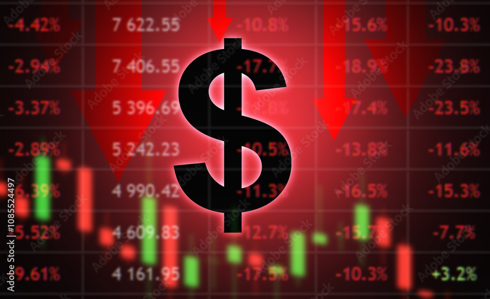 Financial crisis. Falling demand for dollar shares. Economic background with crisis quotes. Downward arrows near dollar sign. Falling exchange rates. Decrease in dollar exchange rate. 3d image Financial crisis. Falling demand for dollar shares. Economic background with crisis quotes. Downward arrows near dollar sign. Falling exchange rates. Decrease in dollar exchange rate. 3d image