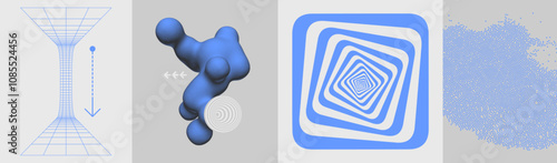 Cellular matrix model of virtual digital space in perspective. 3D liquid amorphous stipple style element. Striped design element made of squares with torsion effect. Background of many chaotic dots.