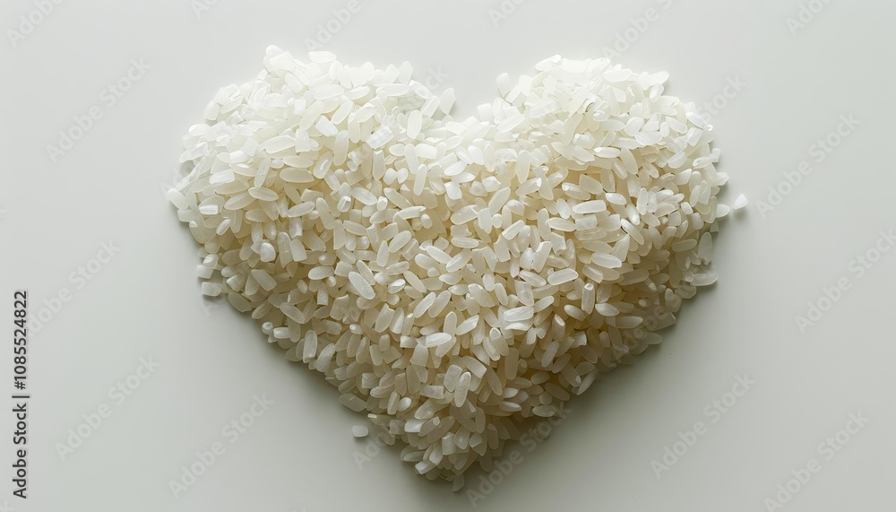 A heart shape crafted from white rice grains on a neutral background. A heart shape crafted from white rice grains on a neutral background.