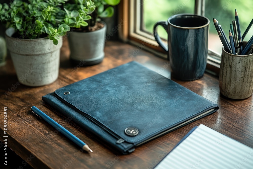 Desk setup with notebook, plant, and coffee mug. Desk setup with notebook, plant, and coffee mug.