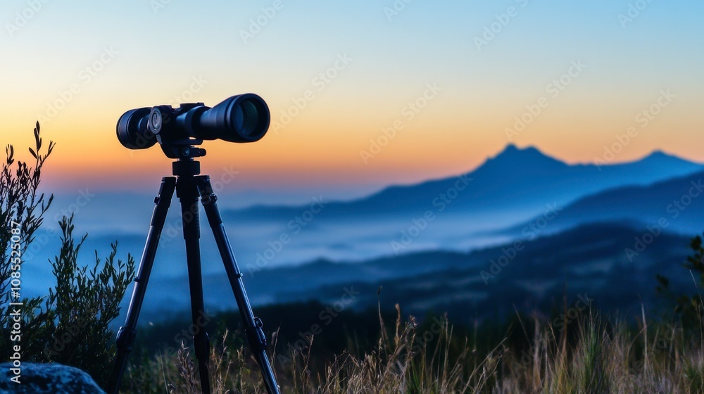 Stunning Landscape Shot Featuring a Telescope Overlooking Majestic Mountains in Glorious Sunset Light with Soft Fog and Beautiful Natural Scenery Stunning Landscape Shot Featuring a Telescope Overlooking Majestic Mountains in Glorious Sunset Light with Soft Fog and Beautiful Natural Scenery