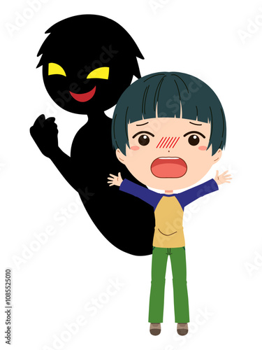 子供と黒色のシルエットの不審者イメージの素材
