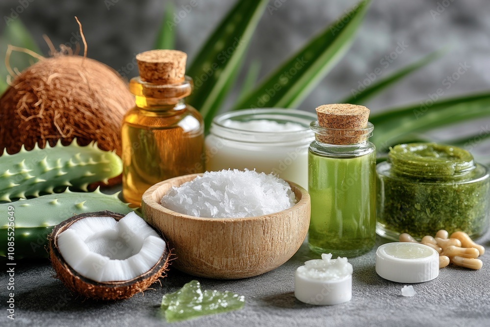 Natural skincare products with aloe and coconut. Natural skincare products with aloe and coconut.