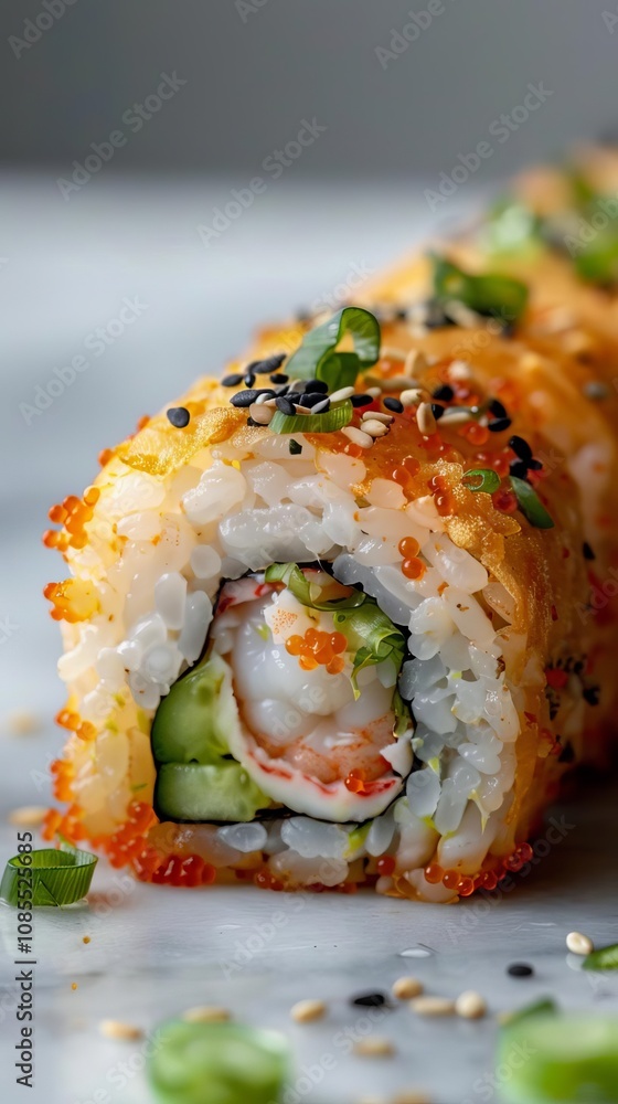 Delicious sushi roll with shrimp and cucumber, garnished with sesame seeds. Delicious sushi roll with shrimp and cucumber, garnished with sesame seeds.