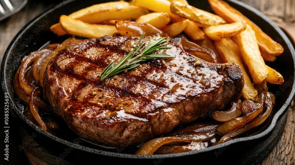 Juicy Grilled Steak Served on a Sizzling Plate with Caramelized Onions and Crispy Potato Fries, Perfect for Meat Lovers and Food Enthusiasts Juicy Grilled Steak Served on a Sizzling Plate with Caramelized Onions and Crispy Potato Fries, Perfect for Meat Lovers and Food Enthusiasts
