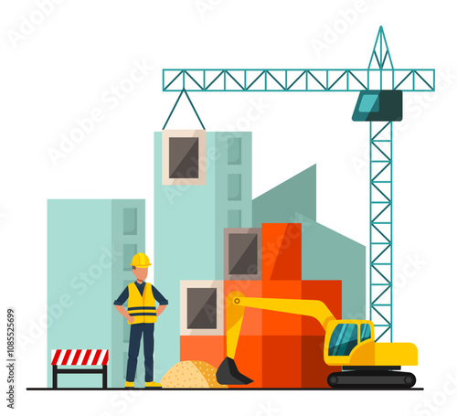 Construction Site vector illustration. Building machinery and construction worker. Real Estate and Housing Development.