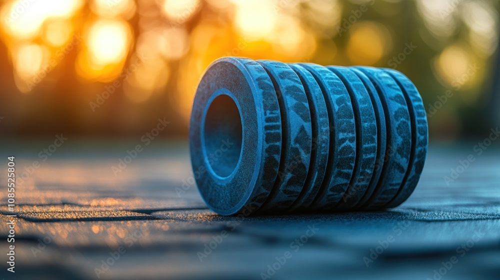 Fototapeta premium Stack of weights on a textured surface at sunset.