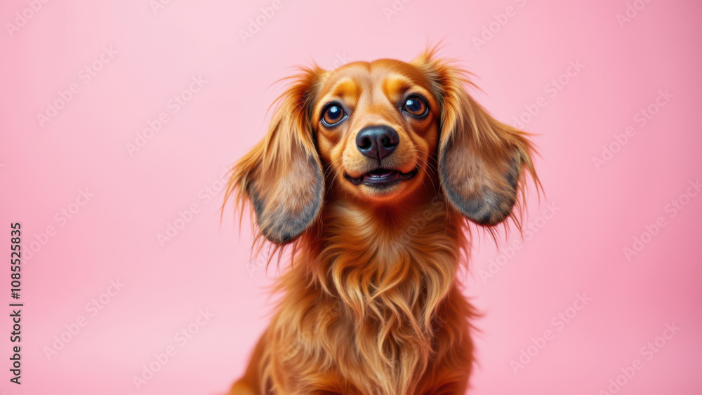 A small dog with long floppy ears, a cute smile, and sparkling eyes. It appears to be looking directly at the camera, giving it a friendly and charming expression. The background is plain and pink. A small dog with long floppy ears, a cute smile, and sparkling eyes. It appears to be looking directly at the camera, giving it a friendly and charming expression. The background is plain and pink.