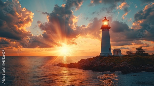 A serene lighthouse stands against a vibrant sunset over the ocean, illuminating the coastline.