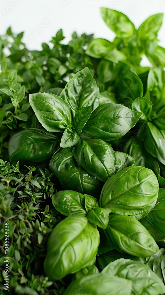 Fresh green basil leaves nestled among aromatic herbs for culinary delights. Fresh green basil leaves nestled among aromatic herbs for culinary delights.