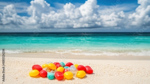 Wallpaper Mural Colorful candies scattered on a sandy beach with a serene ocean backdrop. Torontodigital.ca