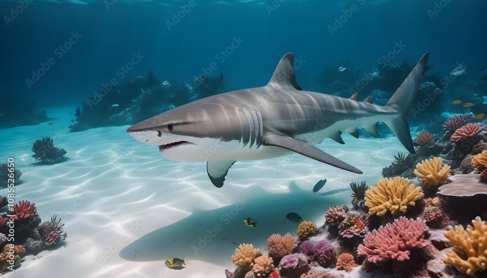 Photo a cartoon scene of a tropical sea with a dolphin,Shark and fish Photo a cartoon scene of a tropical sea with a dolphin,Shark and fish