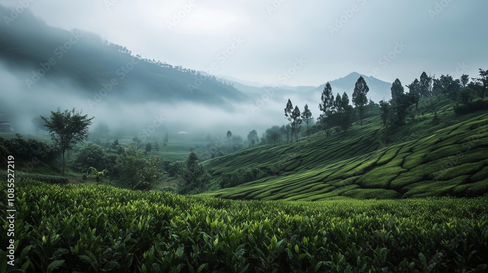 Fototapeta premium A serene tea plantation in the highlands of Indonesia, surrounded by misty mountains and lush greenery. The soft light creates a dreamlike atmosphere as it filters