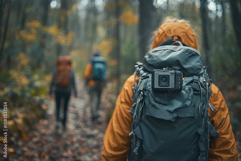 Hikers in autumn forest with camera gear. Hikers in autumn forest with camera gear.