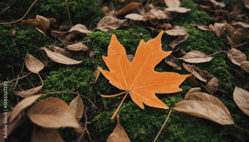 close-up of orange autumn leaf on forest ground close-up of orange autumn leaf on forest ground