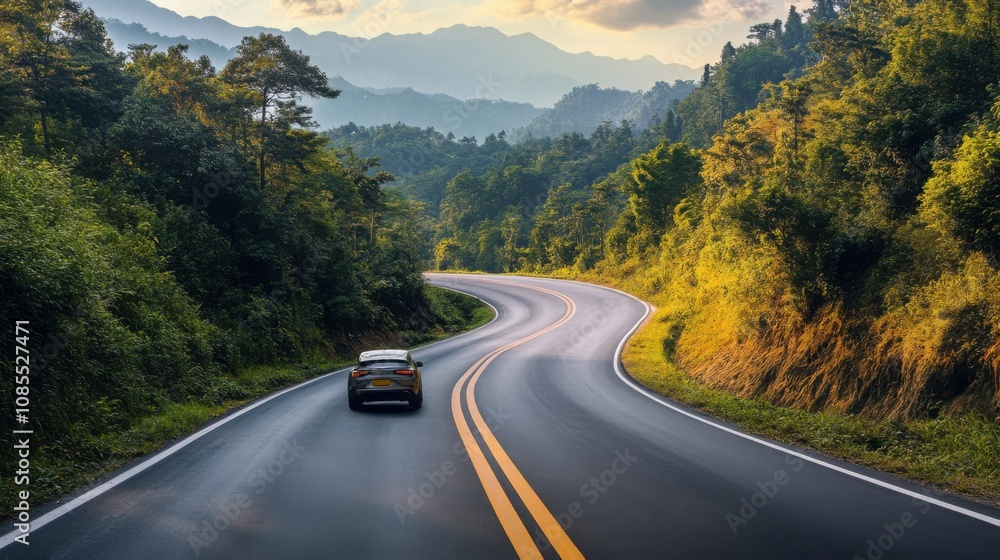 electric car taking a sharp curve on a mountain road, agile and smooth, eco-friendly adventure electric car taking a sharp curve on a mountain road, agile and smooth, eco-friendly adventure