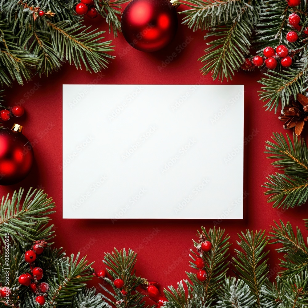 Blank white paper card framed with natural fir tree branches decor and bright red decor, wintry New Year congratulation message copy space for text. Generative ai Blank white paper card framed with natural fir tree branches decor and bright red decor, wintry New Year congratulation message copy space for text. Generative ai