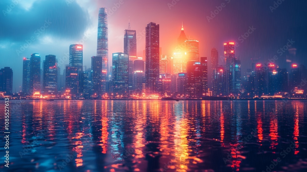 A vibrant city skyline illuminated at dusk, reflecting on water amidst rain. A vibrant city skyline illuminated at dusk, reflecting on water amidst rain.
