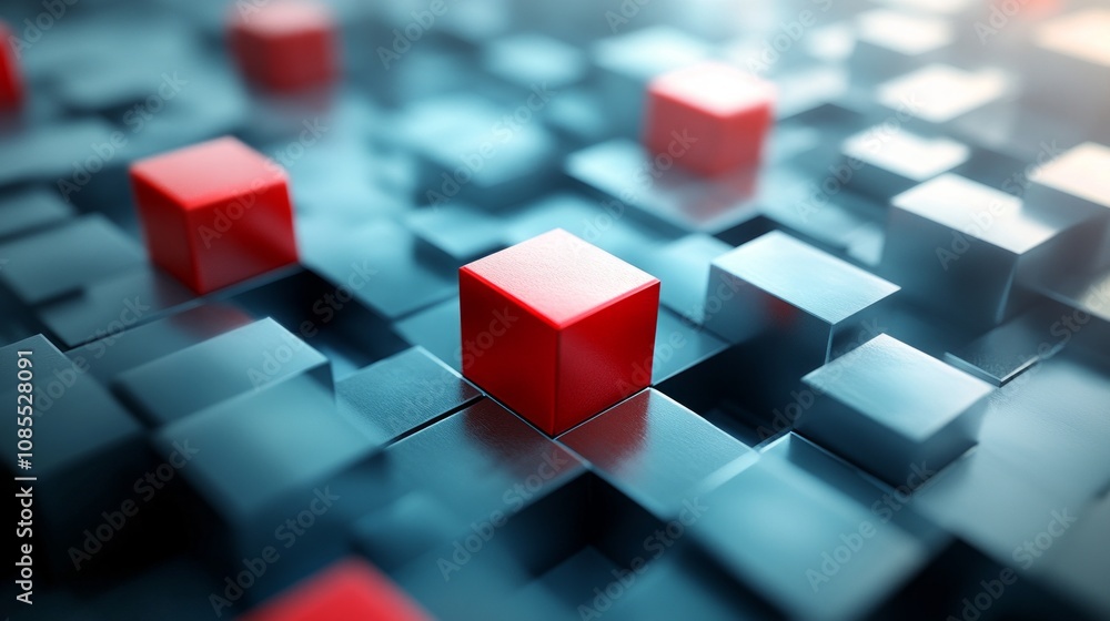 Abstract arrangement of red and blue cubes creating a modern, digital landscape.