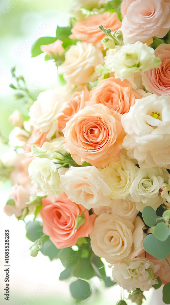 beautiful bouquet of peach and white roses with lush green leaves, creating soft and romantic atmosphere. delicate petals and vibrant colors evoke sense of elegance and freshness beautiful bouquet of peach and white roses with lush green leaves, creating soft and romantic atmosphere. delicate petals and vibrant colors evoke sense of elegance and freshness
