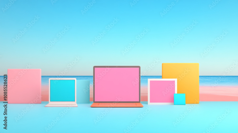 vibrant display of various digital devices with colorful screens set against serene beach background, evoking sense of creativity and modern technology vibrant display of various digital devices with colorful screens set against serene beach background, evoking sense of creativity and modern technology