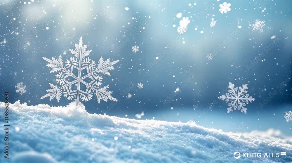 Falling snowflakes on a snowy surface with a blue winter background Falling snowflakes on a snowy surface with a blue winter background