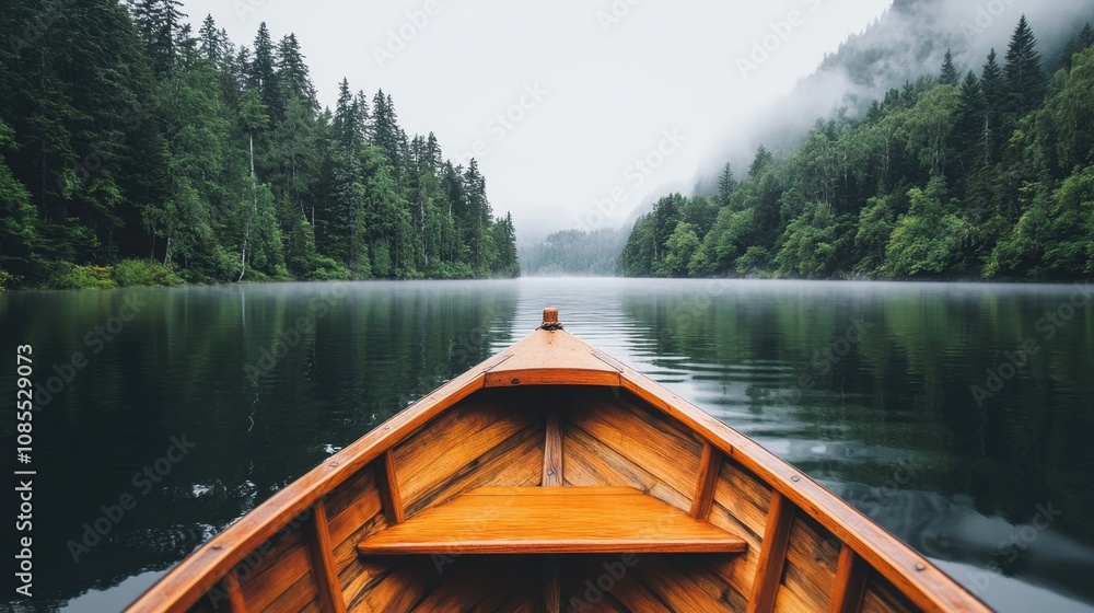 Tranquil Scene of a Wooden Boat on a Misty Lake Surrounded by Lush Green Forests and Gentle Fog, Evoking Serenity and Natural Beauty in Wilderness Tranquil Scene of a Wooden Boat on a Misty Lake Surrounded by Lush Green Forests and Gentle Fog, Evoking Serenity and Natural Beauty in Wilderness