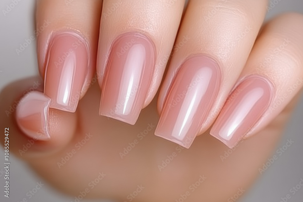 Closeup to woman hands with elegant neutral colors manicure. Beautiful pale pink gel polish manicure on long square nails Closeup to woman hands with elegant neutral colors manicure. Beautiful pale pink gel polish manicure on long square nails