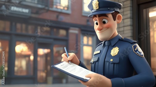 Cartoon police officer filling out a report outside a cafe, emphasizing community safety and law enforcement engagement in a vibrant urban setting.