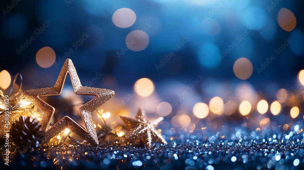 Blue background for a New Year or Christmas card with golden balls, garland, abstract blurred bokeh lights and stars - festive Christmas and new year holiday template with place for text or design Blue background for a New Year or Christmas card with golden balls, garland, abstract blurred bokeh lights and stars - festive Christmas and new year holiday template with place for text or design