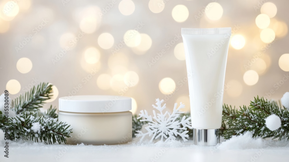 Winter skin care cosmetic products in snow and snowflakes on white background with bokeh lights. Opened face cream jar and hand creme or body lotion tube. Festive banner with copy space for text Winter skin care cosmetic products in snow and snowflakes on white background with bokeh lights. Opened face cream jar and hand creme or body lotion tube. Festive banner with copy space for text