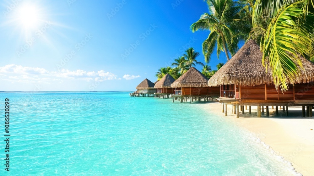 Idyllic Tropical Paradise with Overwater Bungalows Under Bright Sunlight and Crystal Clear Blue Water, Surrounded by Palm Trees and Sandy Beach