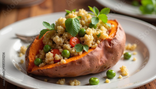 Baked sweet potato stuffed with quinoa and vegetables