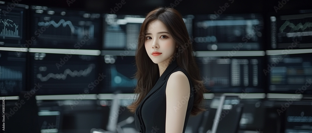 confident young businesswoman stands in modern office, surrounded by multiple screens displaying financial data and graphs, reflecting focused and professional atmosphere confident young businesswoman stands in modern office, surrounded by multiple screens displaying financial data and graphs, reflecting focused and professional atmosphere