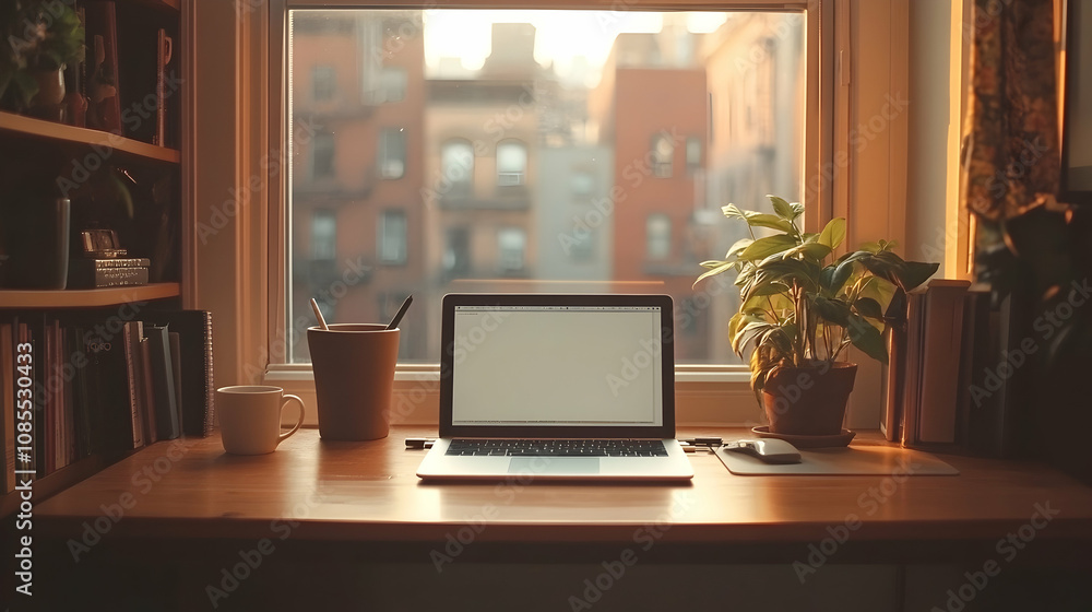 Fototapeta premium Home office inspiration cozy workspace with laptop indoor plants natural light urban setting minimalist design for productivity