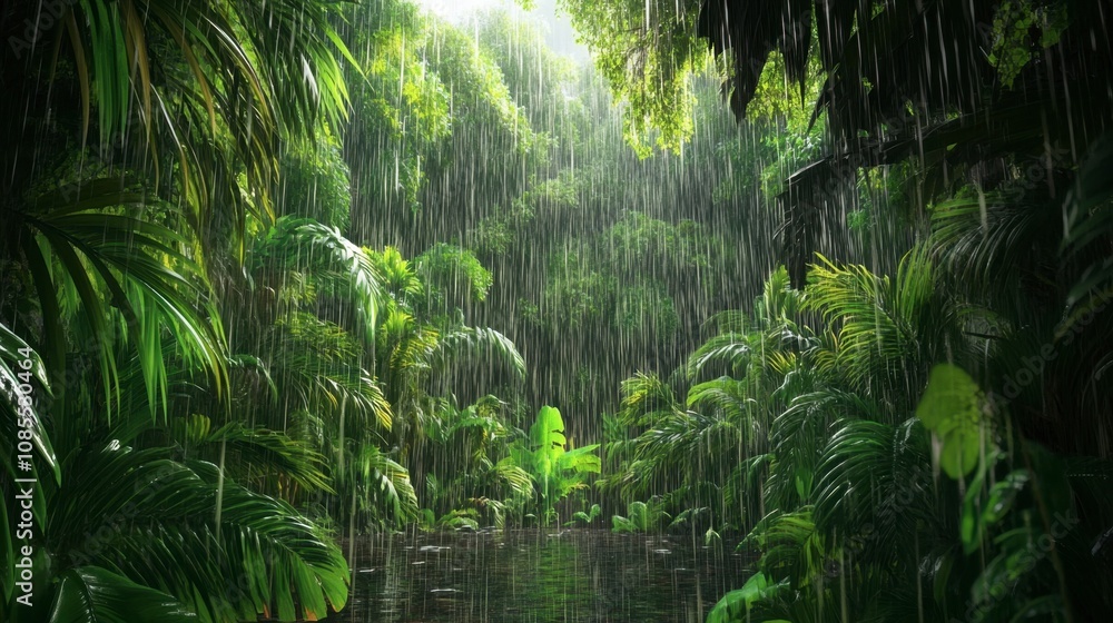 Lush Tropical Jungle Scene with Heavy Rainfall and Vibrant Greenery Capturing the Beauty of Nature's Ecosystem in a Serene Environment Lush Tropical Jungle Scene with Heavy Rainfall and Vibrant Greenery Capturing the Beauty of Nature's Ecosystem in a Serene Environment