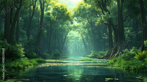 Lush Green Forest with Serene Waterway Reflecting Natural Light and Vibrant Foliage Surrounded by Ancient Trees and Peaceful Atmosphere