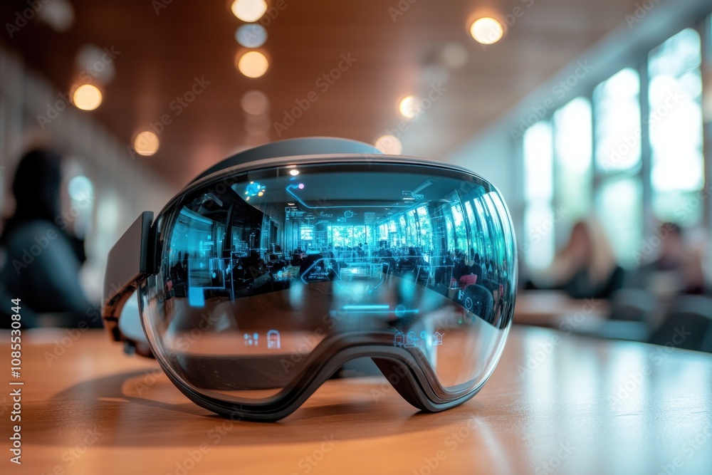 Futuristic headset on a table in a modern setting. Futuristic headset on a table in a modern setting.