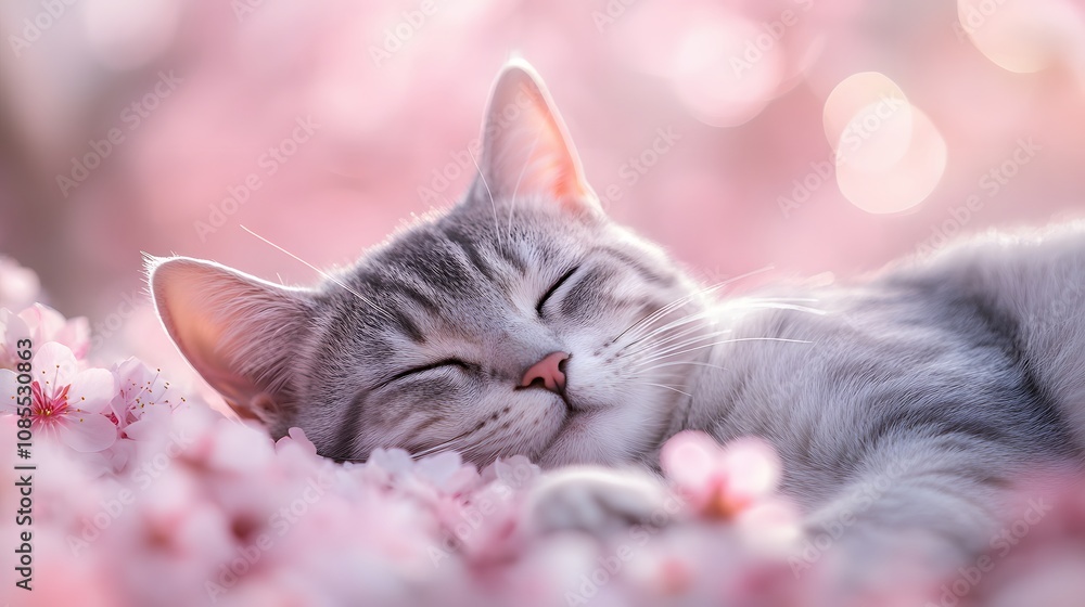 Sleeping American Shorthair cat with tabby pattern against cherry blossoms background, featuring soft pink bokeh and fluffy fur texture in dreamy atmosphere. Sleeping American Shorthair cat with tabby pattern against cherry blossoms background, featuring soft pink bokeh and fluffy fur texture in dreamy atmosphere.