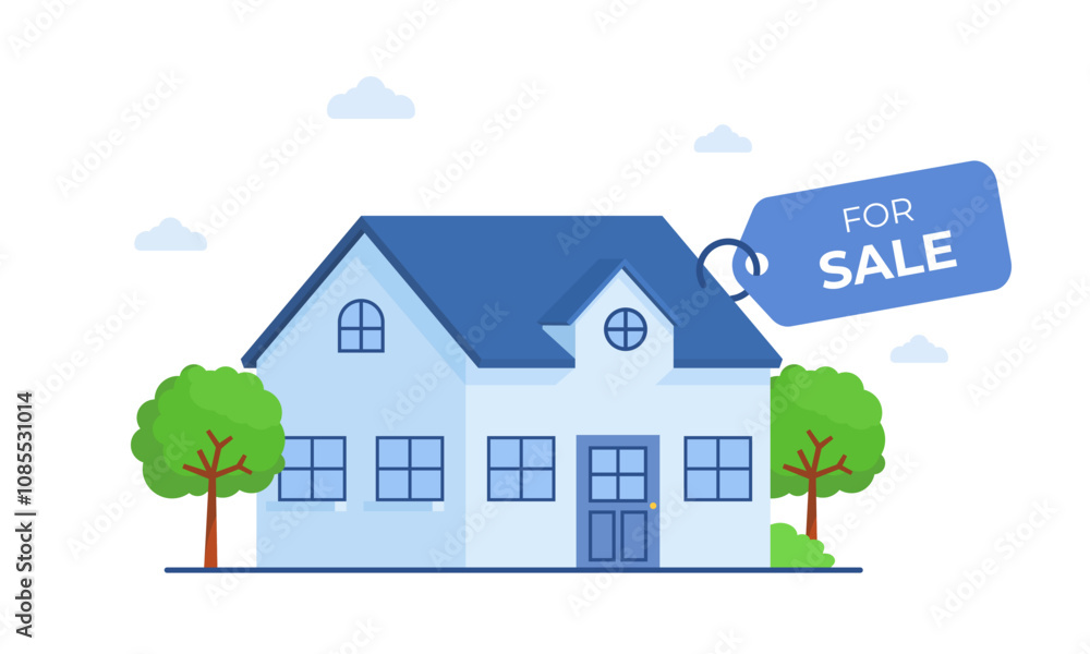 House for sale - A cozy house with a blue roof and green trees, ready for sale. The House for sale - A cozy house with a blue roof and green trees, ready for sale. The