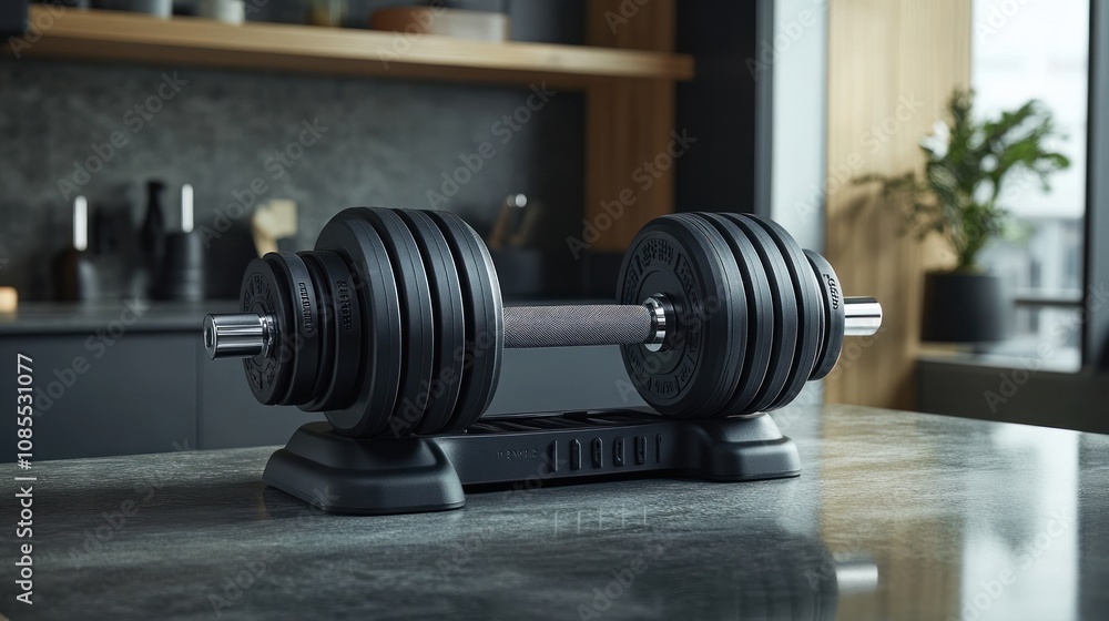 Adjustable dumbbell on a countertop for fitness. Adjustable dumbbell on a countertop for fitness.