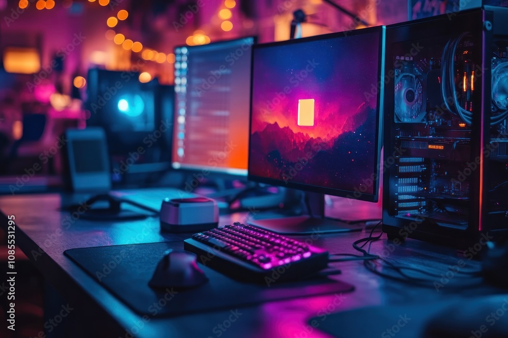 Gaming setup with vibrant lighting and equipment. Gaming setup with vibrant lighting and equipment.