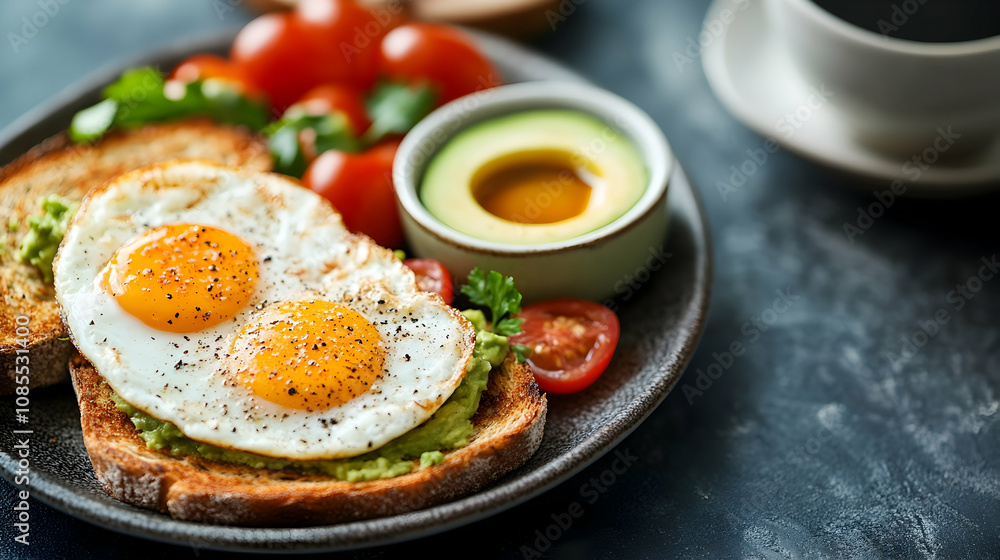 Breakfast delight avocado toast with eggs kitchen table food photography bright atmosphere close-up healthy eating concept Breakfast delight avocado toast with eggs kitchen table food photography bright atmosphere close-up healthy eating concept