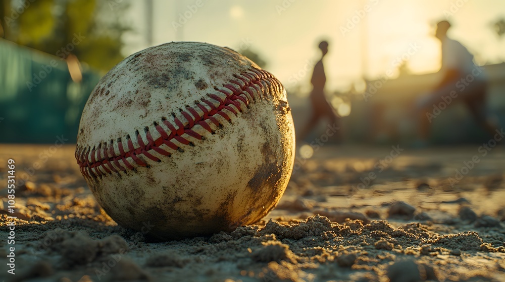 Close-up of worn leather baseball with red stitching on dirt ground, captured in golden hour light with blurred players background and dramatic atmosphere. Close-up of worn leather baseball with red stitching on dirt ground, captured in golden hour light with blurred players background and dramatic atmosphere.