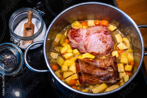 leckerer Eintopf, Steckrüben mit Fleisch, Kassler. Steckrübeneintopf photo