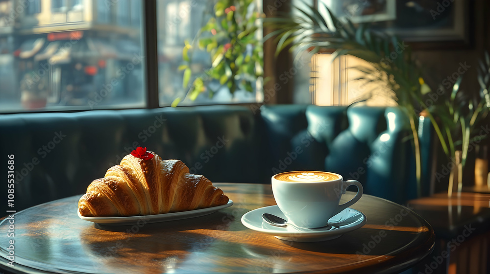 Enjoying a croissant and coffee at a cozy cafe urban setting food photography bright atmosphere inviting concept Enjoying a croissant and coffee at a cozy cafe urban setting food photography bright atmosphere inviting concept