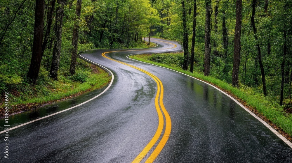 Serene View of a Winding Road Through Lush Green Forest After Rain, Showcasing Reflections on the Asphalt Underneath a Clear Sky Serene View of a Winding Road Through Lush Green Forest After Rain, Showcasing Reflections on the Asphalt Underneath a Clear Sky