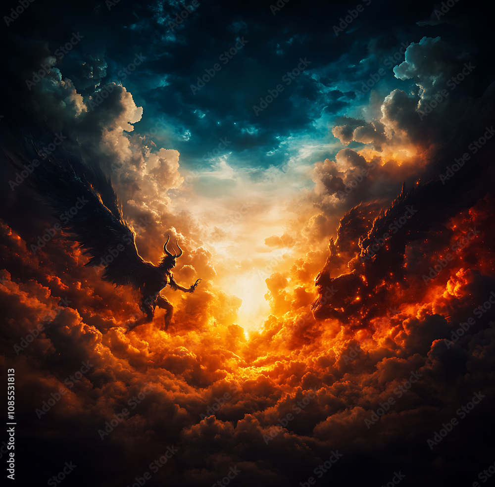 Fototapeta premium A battle between an angel and the devil, the background depicts heaven on one side and hell on the other